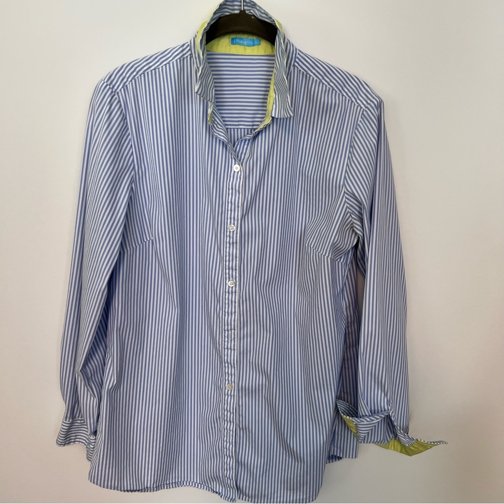 J. McLaughlin long sleeve button down blue & white & green collar & cuff medium